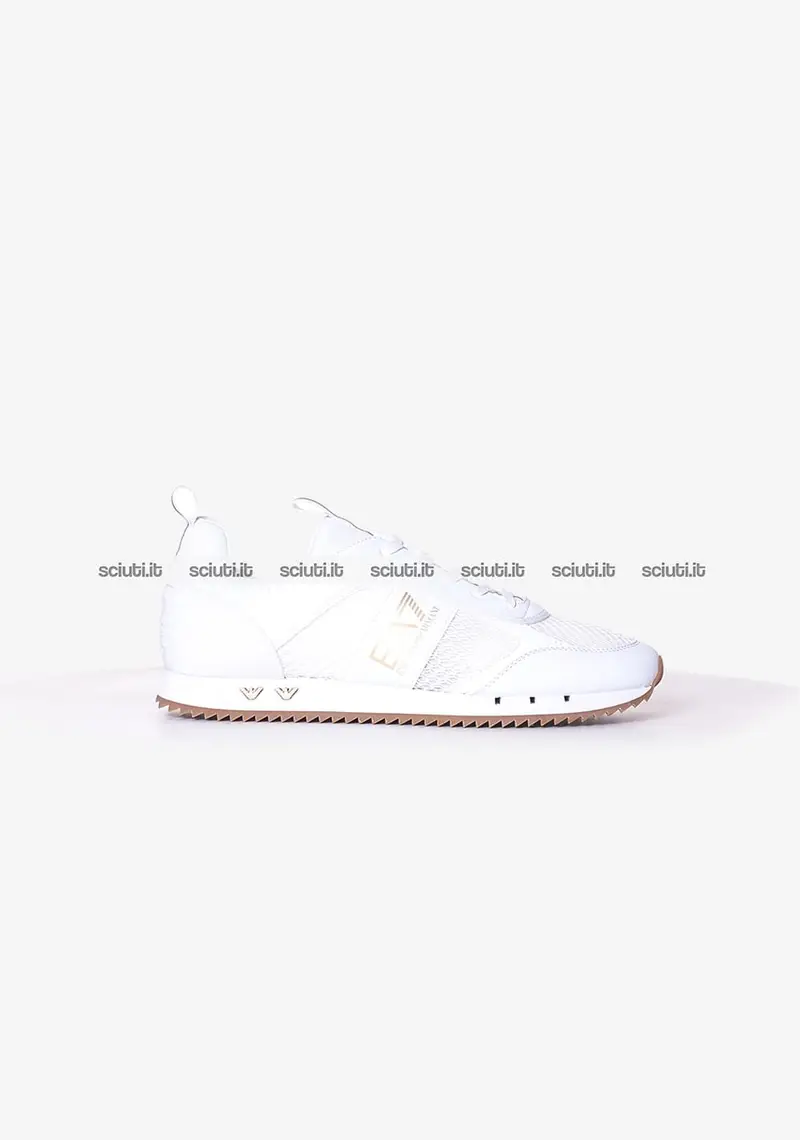 Scarpe Emporio Armani uomo bianco oro beige in mesh con loghi metallici