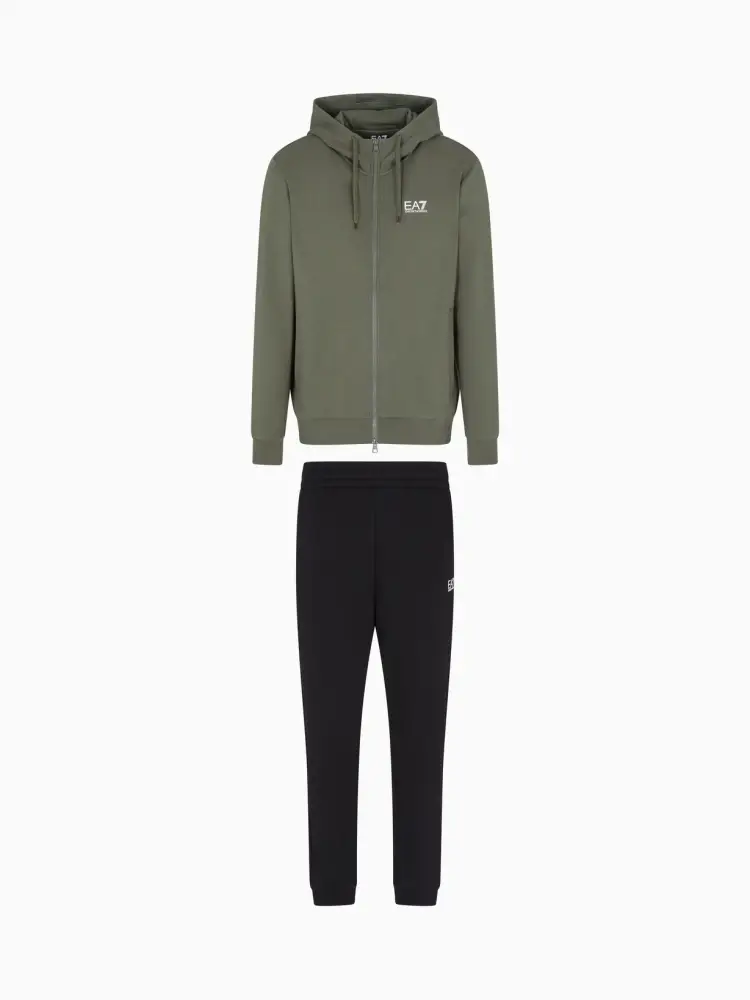 set felpa verde con zip e cappuccio e pantalone nero in cotone