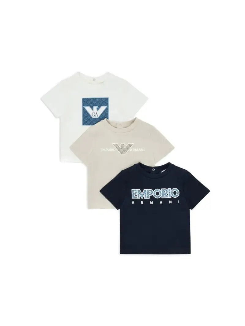 Emporio Armani set multicolor neonato three pack tshirt in cotone logo sul davanti