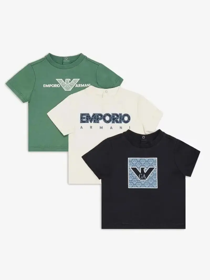 Emporio Armani set multicolor verde neonato three pack tshirt in cotone logo sul davanti