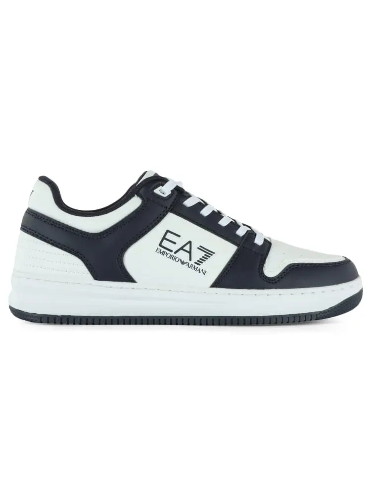 sneaker in pelle bianca e blu con logo