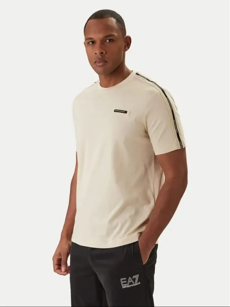 t-shirt girocollo logo series in cotone beige con banda logo