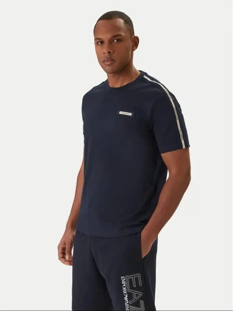 t-shirt girocollo logo series in cotone blu con banda logo