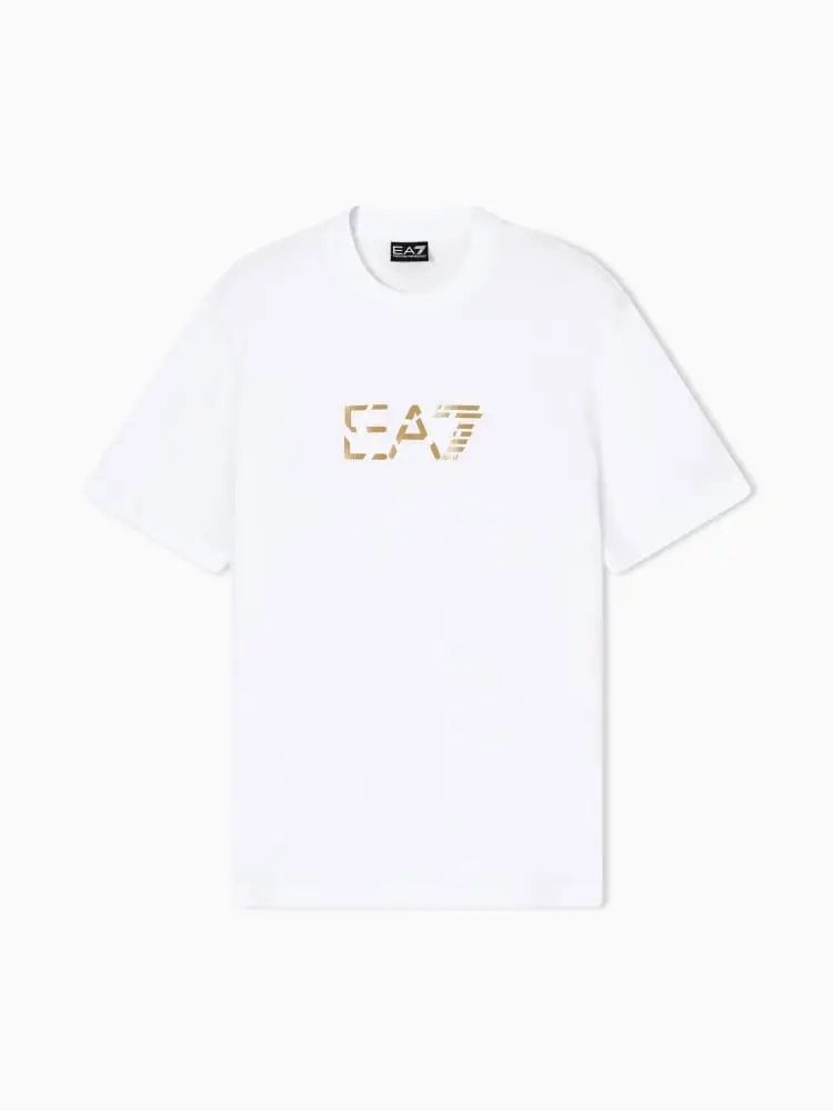 t-shirt girocollo premium label in jersey di cotone bianco logo oro