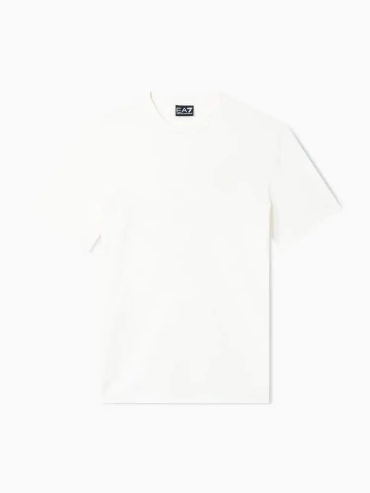 t-shirt logo series in jersey di cotone bianco con patch logo e stampa logo posteriore