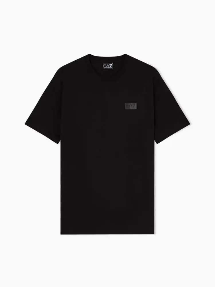 t-shirt logo series in jersey di cotone nero con patch logo e stampa logo posteriore