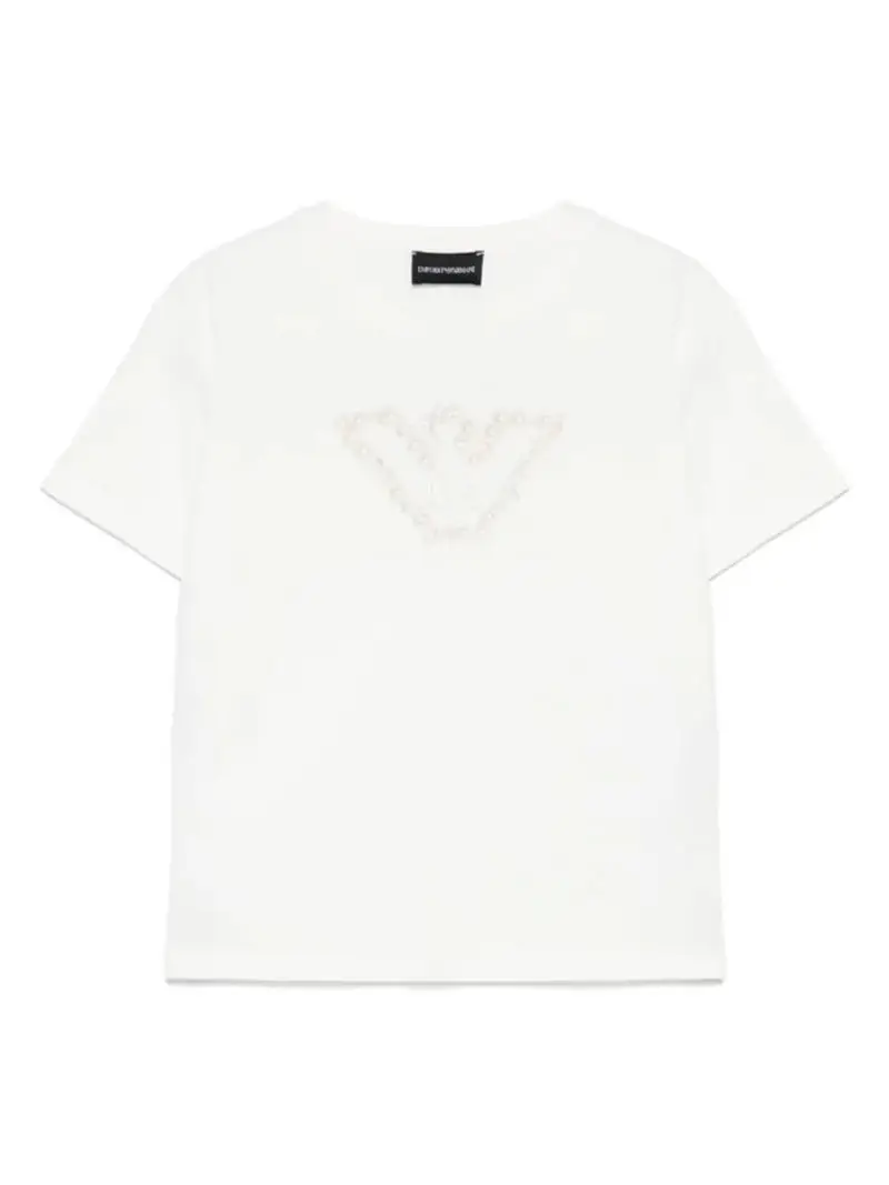 Emporio Armani tshirt bianca bambina in cotone logo con ricamo fiori sul davanti