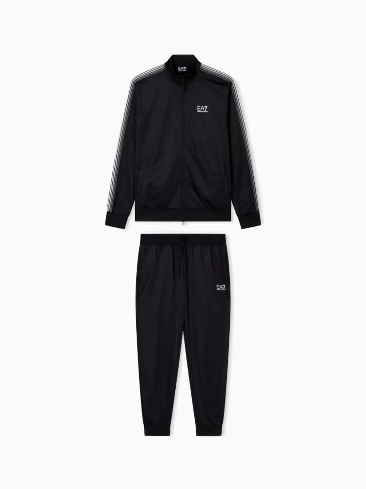 tuta in tessuto tecnico riciclato nero con bande laterali