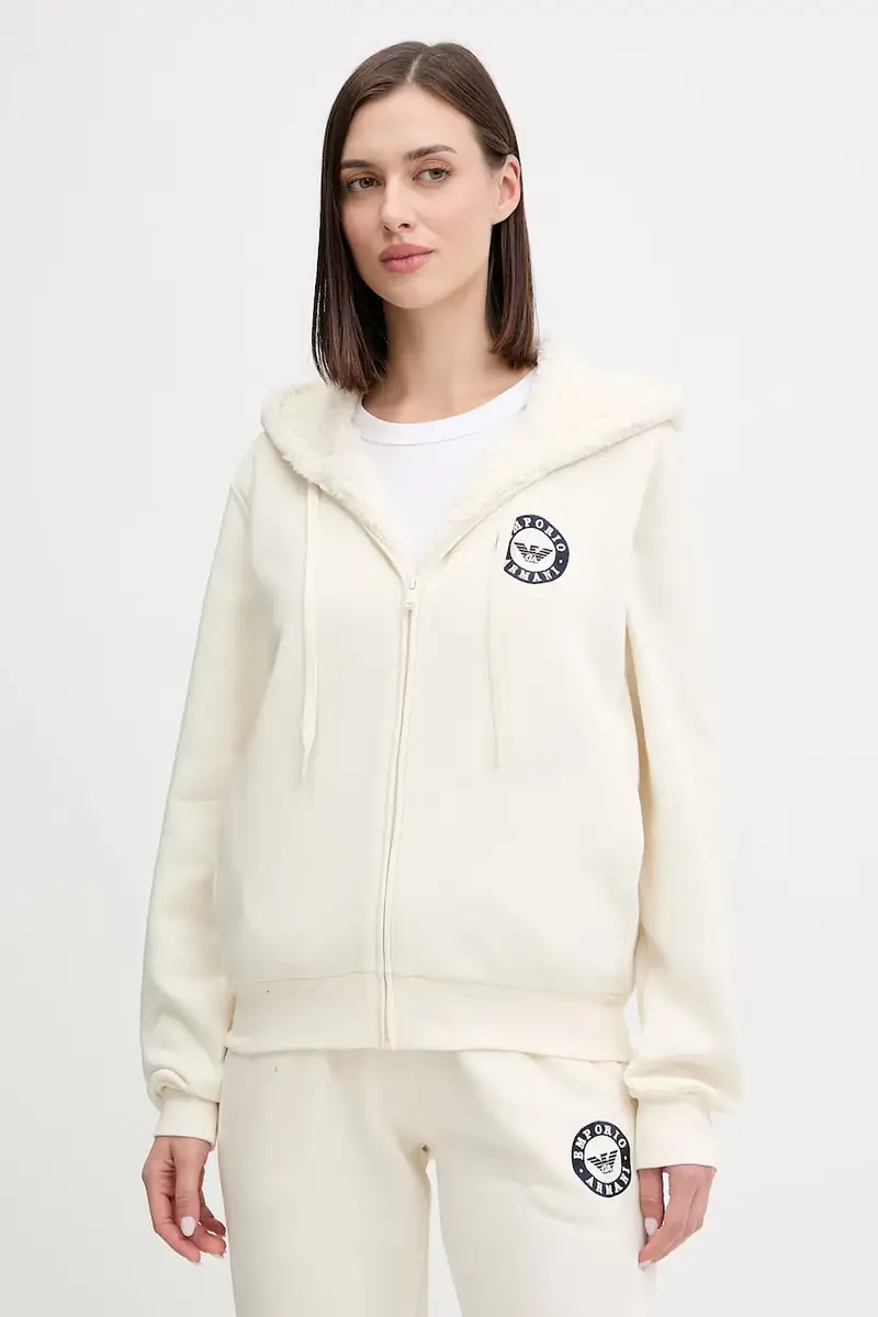 felpa donna colore beige con cappuccio con applicazione EW001935 AF15363
