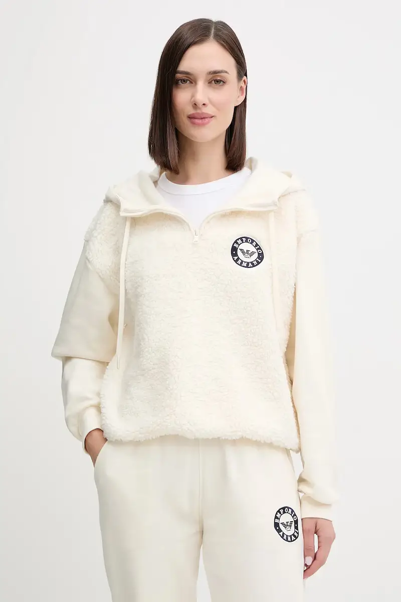 felpa donna colore beige con cappuccio con applicazione EW001937 AF15363