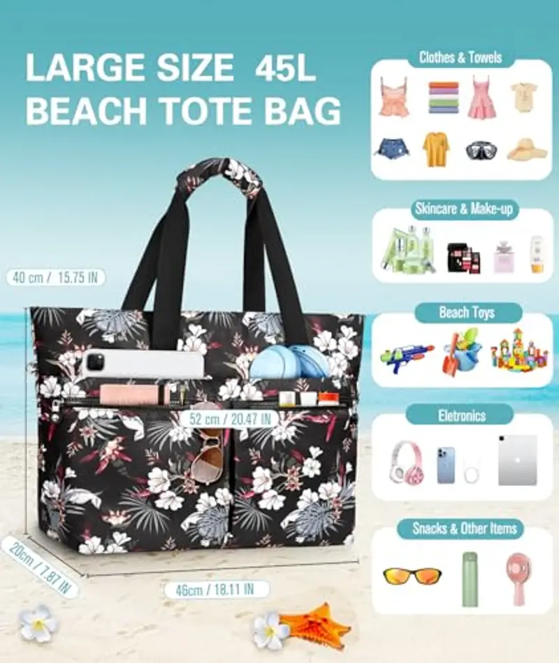 ENONEO Borsa Mare Donna Grande Borsa Spiaggia Famiglia 45L Impermeabile Borsas Piscina XXL Shopper Tote Bag con Cerniera Borse da Spiaggia Pieghevole per Shopping Viaggio Picnic miniatura 2