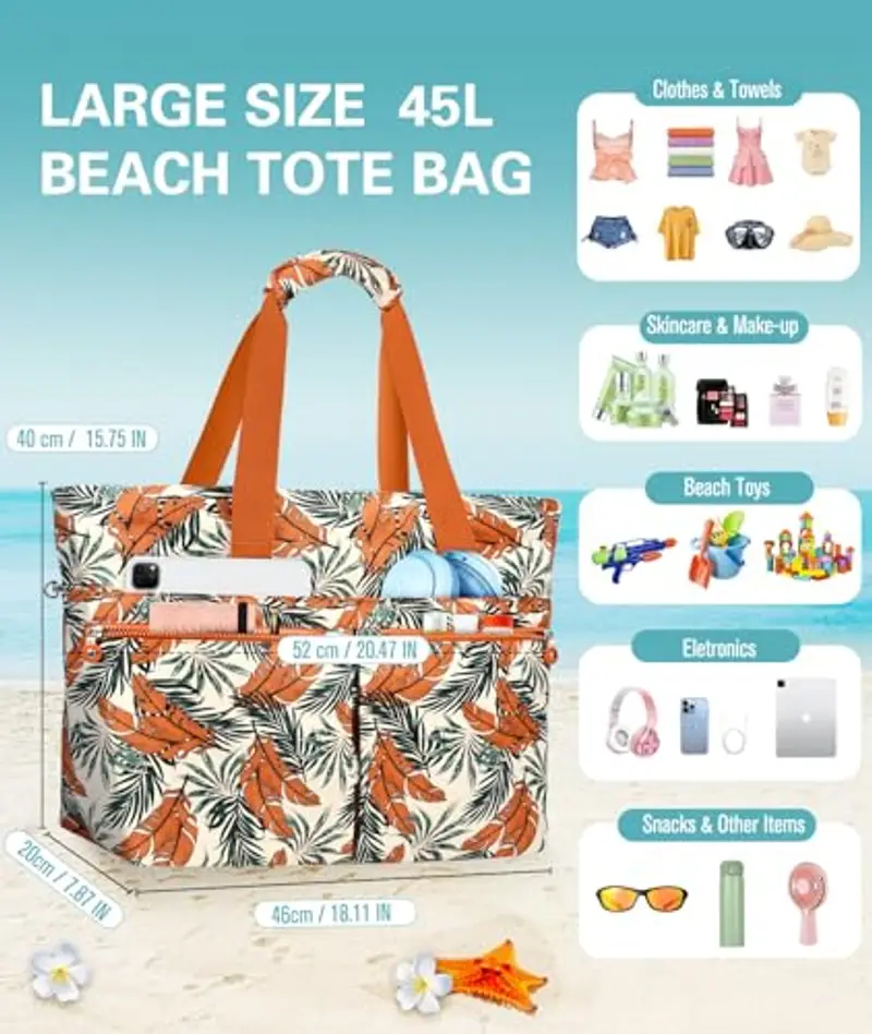 ENONEO Borsa Mare Donna Grande Borsa Spiaggia Famiglia 45L Impermeabile Borsas Piscina XXL Shopper Tote Bag con Cerniera Borse da Spiaggia Pieghevole per Shopping Viaggio Picnic miniatura 2
