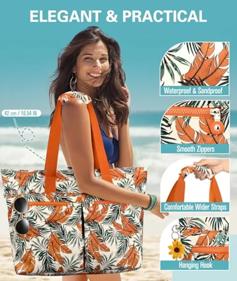 ENONEO Borsa Mare Donna Grande Borsa Spiaggia Famiglia 45L Impermeabile Borsas Piscina XXL Shopper Tote Bag con Cerniera Borse da Spiaggia Pieghevole per Shopping Viaggio Picnic miniatura 3