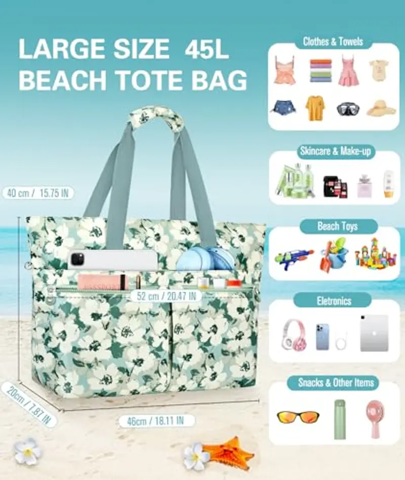 ENONEO Borsa Mare Donna Grande Borsa Spiaggia Famiglia 45L Impermeabile Borsas Piscina XXL Shopper Tote Bag con Cerniera Borse da Spiaggia Pieghevole per Shopping Viaggio Picnic miniatura 2