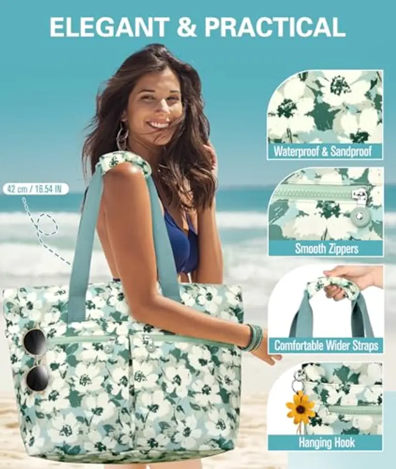 ENONEO Borsa Mare Donna Grande Borsa Spiaggia Famiglia 45L Impermeabile Borsas Piscina XXL Shopper Tote Bag con Cerniera Borse da Spiaggia Pieghevole per Shopping Viaggio Picnic miniatura 3