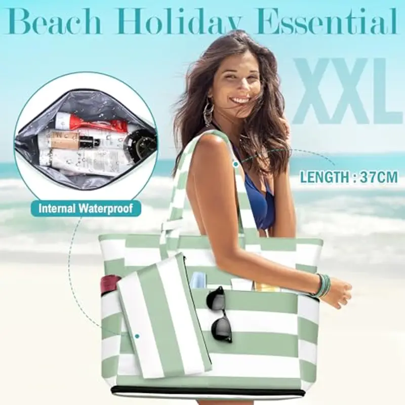 ENONEO Borsa Spiaggia Donna Grande XXL Famiglia Borsa Mare Impermeabile Borsa Piscina Beach Tote Bag Pieghevole Borsa da Viaggio Tracolla Borsa da Spiaggia con Cerniera & Multicomparto miniatura 2