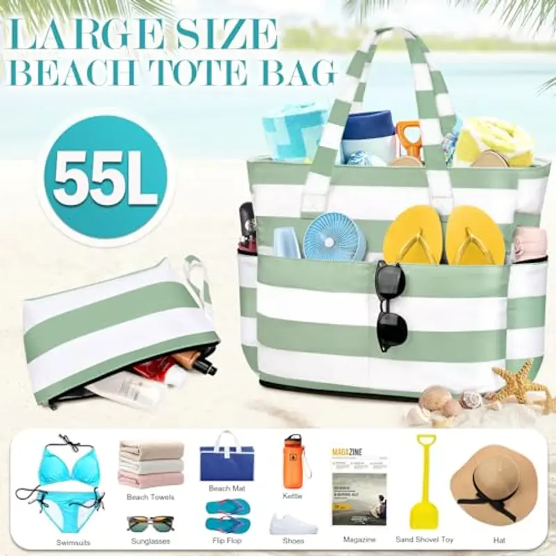 ENONEO Borsa Spiaggia Donna Grande XXL Famiglia Borsa Mare Impermeabile Borsa Piscina Beach Tote Bag Pieghevole Borsa da Viaggio Tracolla Borsa da Spiaggia con Cerniera & Multicomparto miniatura 3