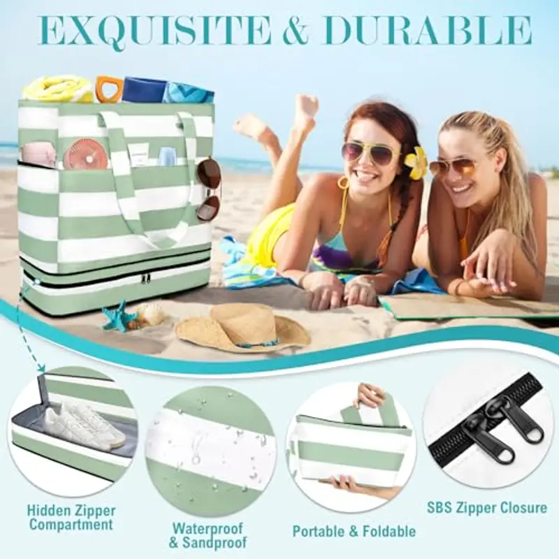 ENONEO Borsa Spiaggia Donna Grande XXL Famiglia Borsa Mare Impermeabile Borsa Piscina Beach Tote Bag Pieghevole Borsa da Viaggio Tracolla Borsa da Spiaggia con Cerniera & Multicomparto miniatura 4