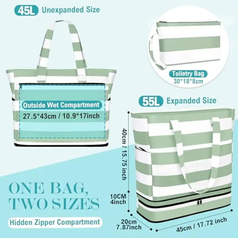 ENONEO Borsa Spiaggia Donna Grande XXL Famiglia Borsa Mare Impermeabile Borsa Piscina Beach Tote Bag Pieghevole Borsa da Viaggio Tracolla Borsa da Spiaggia con Cerniera & Multicomparto miniatura 5