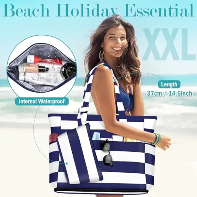 ENONEO Borsa Spiaggia Donna Grande XXL Famiglia Borsa Mare Impermeabile Borsa Piscina Beach Tote Bag Pieghevole Borsa da Viaggio Tracolla Borsa da Spiaggia con Cerniera & Multicomparto miniatura 2