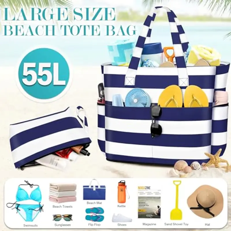 ENONEO Borsa Spiaggia Donna Grande XXL Famiglia Borsa Mare Impermeabile Borsa Piscina Beach Tote Bag Pieghevole Borsa da Viaggio Tracolla Borsa da Spiaggia con Cerniera & Multicomparto miniatura 3