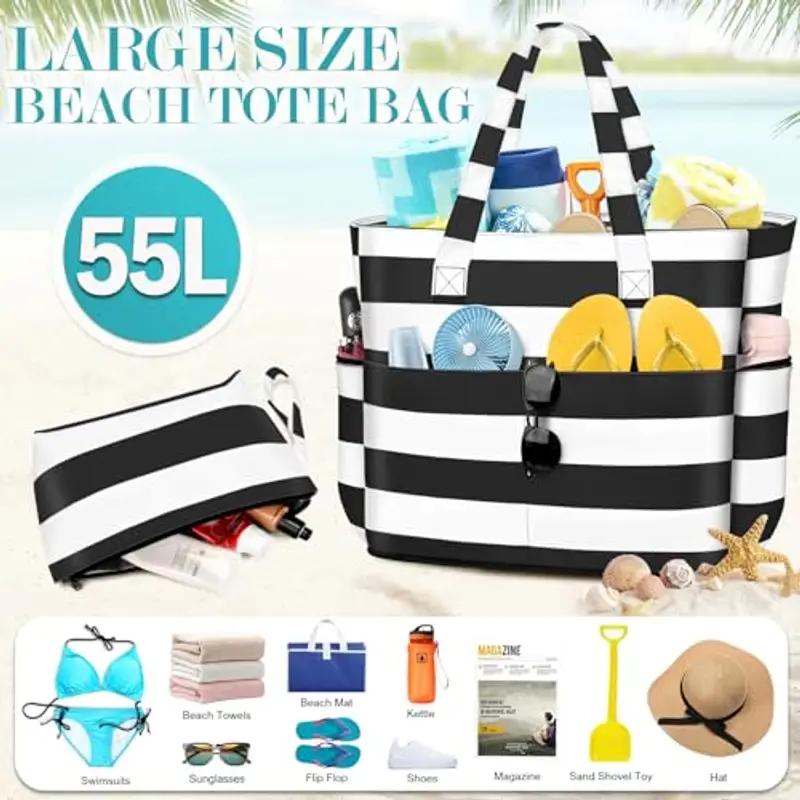 ENONEO Borsa Spiaggia Donna Grande XXL Famiglia Borsa Mare Impermeabile Borsa Piscina Beach Tote Bag Pieghevole Borsa da Viaggio Tracolla Borsa da Spiaggia con Cerniera & Multicomparto miniatura 3