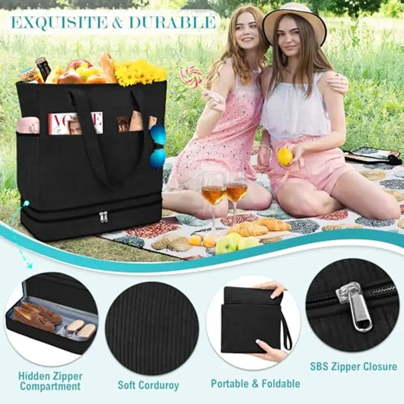 ENONEO Borsa Spiaggia Donna Grande XXL Famiglia Borsa Mare Impermeabile Borsa Piscina Beach Tote Bag Pieghevole Borsa da Viaggio Tracolla Borsa da Spiaggia con Cerniera & Multicomparto (Velluto-Nero) miniatura 3