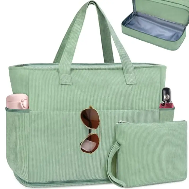 ENONEO Borsa Spiaggia Donna Grande XXL Famiglia Borsa Mare Impermeabile Borsa Piscina Beach Tote Bag Pieghevole Borsa da Viaggio Tracolla Borsa da Spiaggia con Cerniera & Multicomparto (Velluto-Verde)