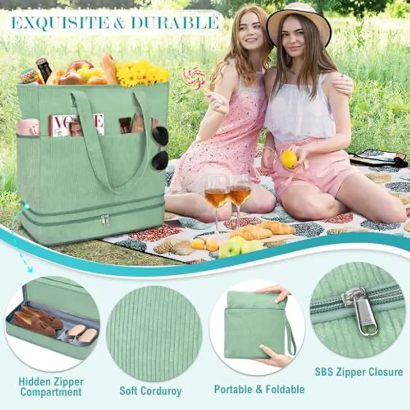 ENONEO Borsa Spiaggia Donna Grande XXL Famiglia Borsa Mare Impermeabile Borsa Piscina Beach Tote Bag Pieghevole Borsa da Viaggio Tracolla Borsa da Spiaggia con Cerniera & Multicomparto (Velluto-Verde) miniatura 2