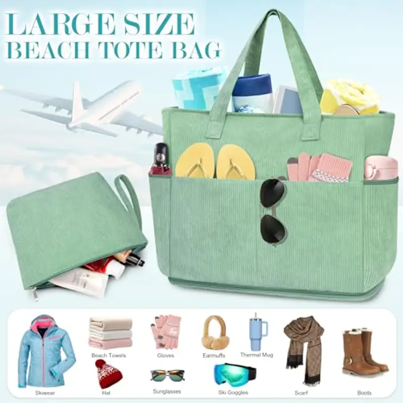 ENONEO Borsa Spiaggia Donna Grande XXL Famiglia Borsa Mare Impermeabile Borsa Piscina Beach Tote Bag Pieghevole Borsa da Viaggio Tracolla Borsa da Spiaggia con Cerniera & Multicomparto (Velluto-Verde) miniatura 3