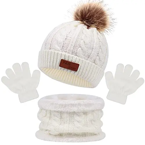 Enwokran Bambini Cappello Sciarpa e Guanti Set 3 in 1, Berretto con Pompom a Maglia Invernale Beanie Cappello