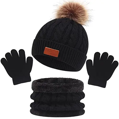 Enwokran Bambini Cappello Sciarpa e Guanti Set 3 in 1, Berretto con Pompom a Maglia Invernale Beanie Cappello