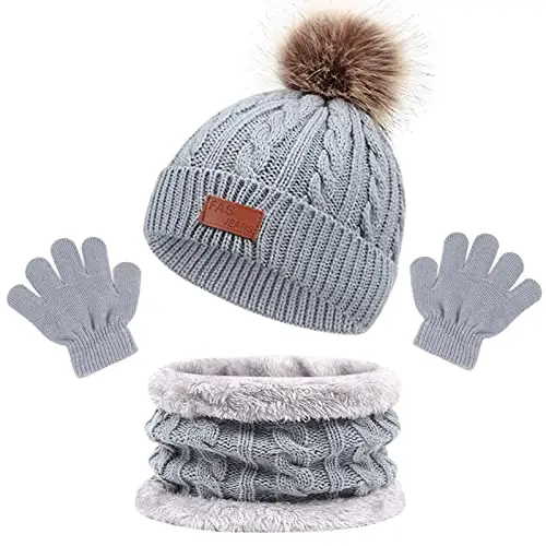 Enwokran Bambini Cappello Sciarpa e Guanti Set 3 in 1, Berretto con Pompom a Maglia Invernale Beanie Cappello