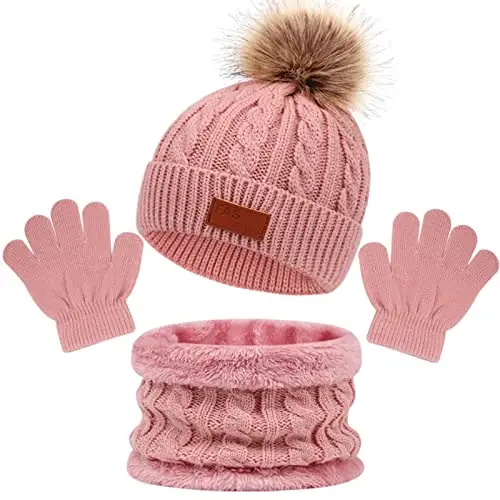 Enwokran Bambini Cappello Sciarpa e Guanti Set 3 in 1, Berretto con Pompom a Maglia Invernale Beanie Cappello