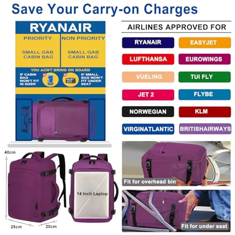 ENZOSUM Borse da Cabina per Ryanair 40x20x25 Il Sedile Zaino per Ryanair Bagaglio a Mano per Donna Uomo Viaggio Zaino Travel Viaggio Casual Daypack, Viola miniatura 2