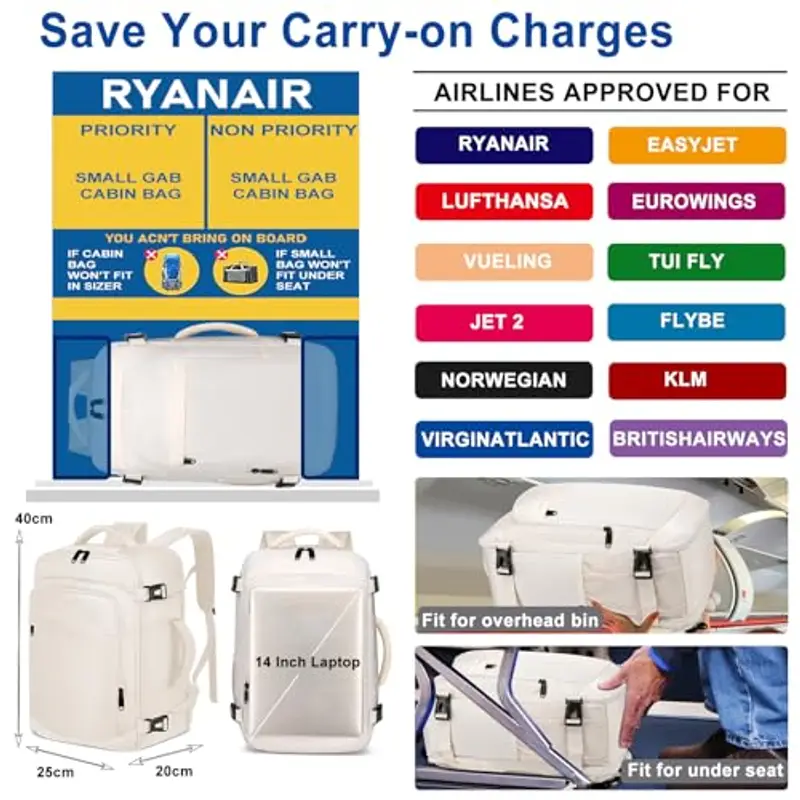 ENZOSUM Zaino Ryanair 40x20x25 Bagaglio a Mano Borsa da Viaggio Zaino Donna per Aereo Piccolo Borsone da Cabina per Scuola Lavoro, Beige miniatura 2