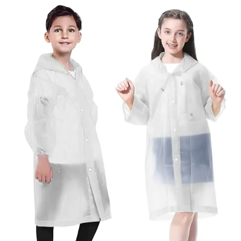EOPUOZS 2PCS Impermeabile per Bambini, Mantella Antipioggia in EVA con Cappuccio, Poncho Impermeabile Riutilizzabile per Ragazzi Ragazze, per Campeggio Viaggio Attività (Bianco)