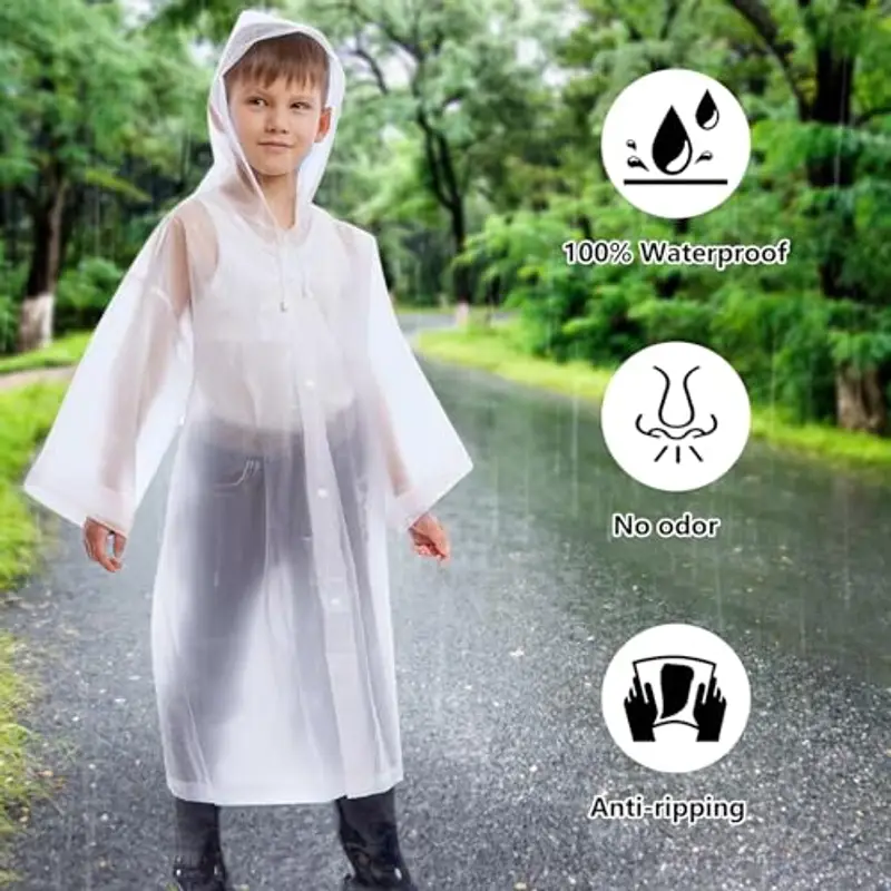 EOPUOZS 2PCS Impermeabile per Bambini, Mantella Antipioggia in EVA con Cappuccio, Poncho Impermeabile Riutilizzabile per Ragazzi Ragazze, per Campeggio Viaggio Attività (Bianco) miniatura 3