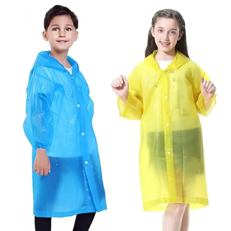 EOPUOZS 2PCS Impermeabile per Bambini, Mantella Antipioggia in EVA con Cappuccio, Poncho Impermeabile Riutilizzabile per Ragazzi Ragazze, per Campeggio Viaggio Attività (Blu+Giallo)