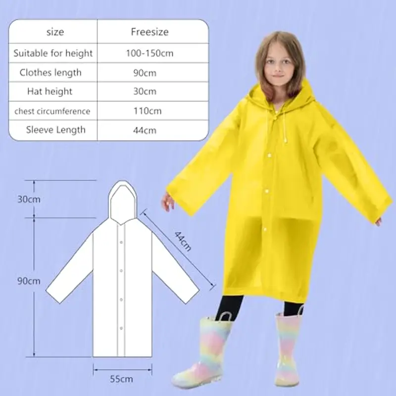 EOPUOZS 2PCS Impermeabile per Bambini, Mantella Antipioggia in EVA con Cappuccio, Poncho Impermeabile Riutilizzabile per Ragazzi Ragazze, per Campeggio Viaggio Attività (Blu+Giallo) miniatura 2