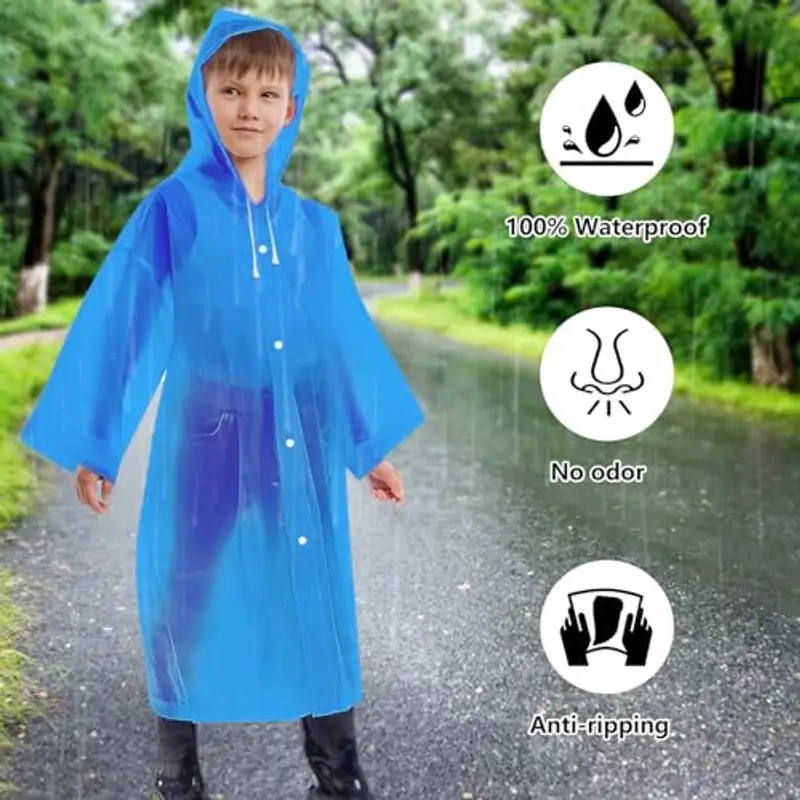EOPUOZS 2PCS Impermeabile per Bambini, Mantella Antipioggia in EVA con Cappuccio, Poncho Impermeabile Riutilizzabile per Ragazzi Ragazze, per Campeggio Viaggio Attività (Blu+Giallo) miniatura 3
