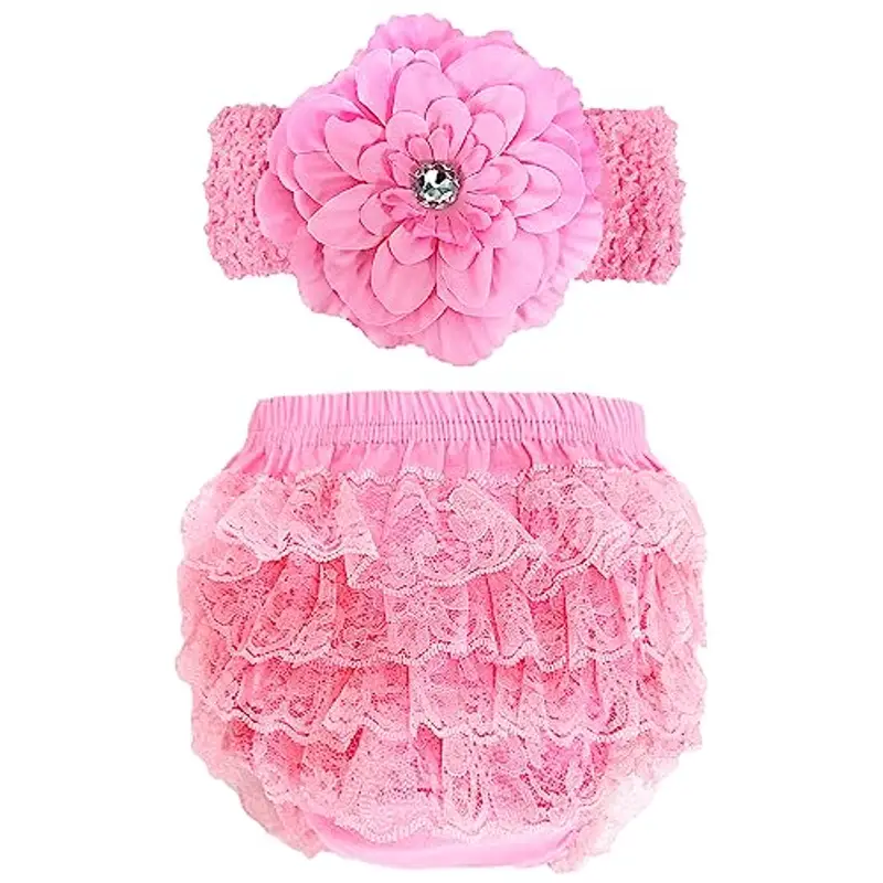EQLEF Copri pannolini neonata, Frilly Knickers Con Fiore Headband Mutiple Layered Lace Pannolino Copertura Elastica Ruffle Pants per Bambini Fotografia Prop Costume Festa di Compleanno