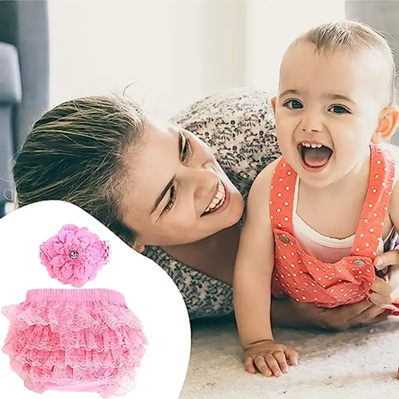 EQLEF Copri pannolini neonata, Frilly Knickers Con Fiore Headband Mutiple Layered Lace Pannolino Copertura Elastica Ruffle Pants per Bambini Fotografia Prop Costume Festa di Compleanno miniatura 3
