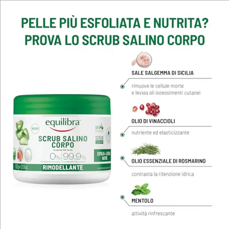equilibra Scrub Salino Corpo Rimodellante, Esfoliante, 600 g, con Sale Salgemma di Sicilia Purissimo ad Azione Antiacqua e Aloe Vera, Oli Naturali ed Estratti Vegetali, Leviga e Nutre la Pelle miniatura 2