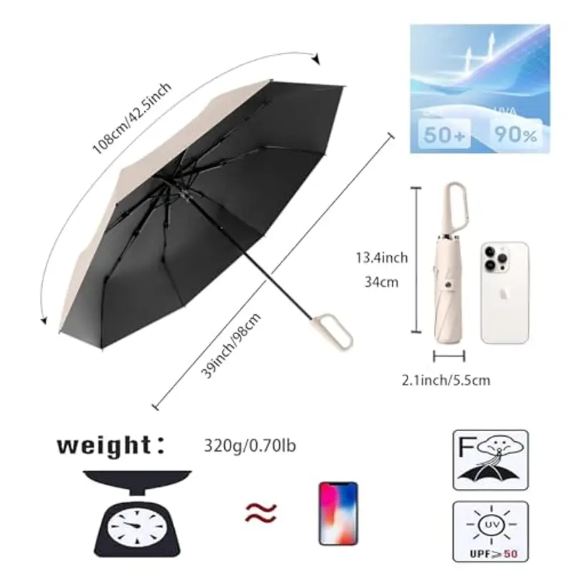 erised's bifrost Ombrello da Viaggio Pieghevole Compatto con Impugnatura a Moschettone/8 Stecche/Nervature Lega/Protezione UV/Leggero e Portatile/UPF 50/Pioggia Sole/Donne Bambini miniatura 2
