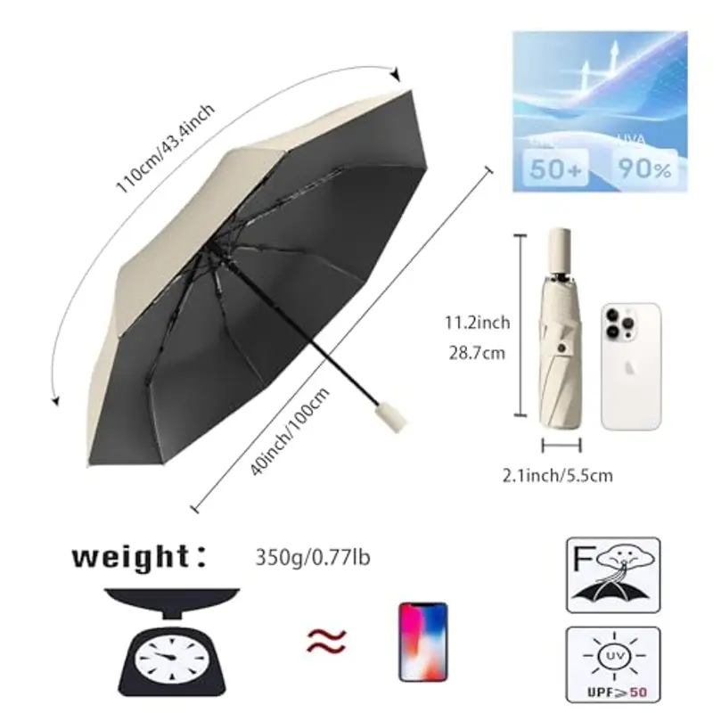 erised's bifrost Pieghevole da Viaggio Ombrello Compatto Apertura/Chiusura Automatica Maniglia Strato di rivestimento 8 Stecche/Anti UV UPF 50 golf portatile/Sole/Uomini Donne Bambini miniatura 2