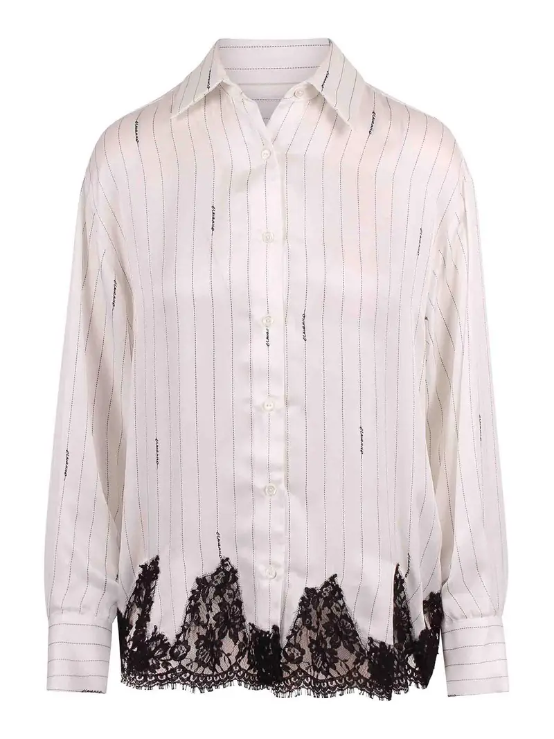 Camicia Gessata Con Pizzo Bianco