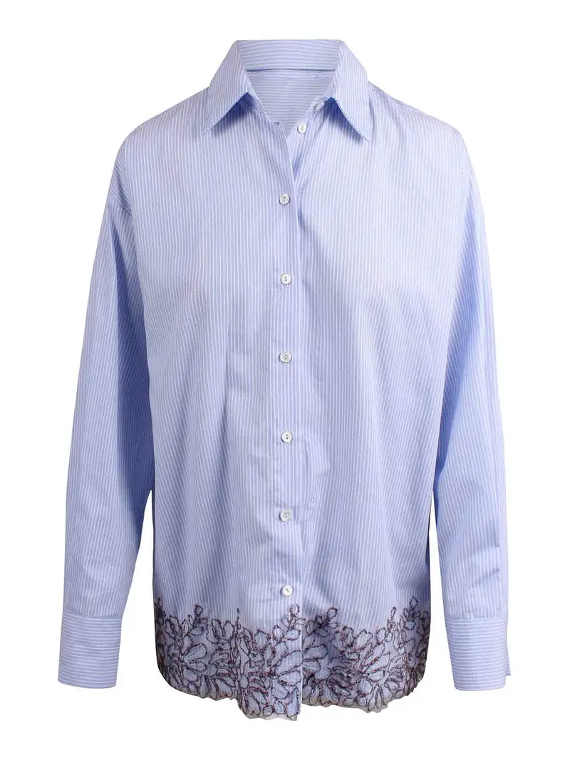 Camicia Gessata Con Ricamo Blu