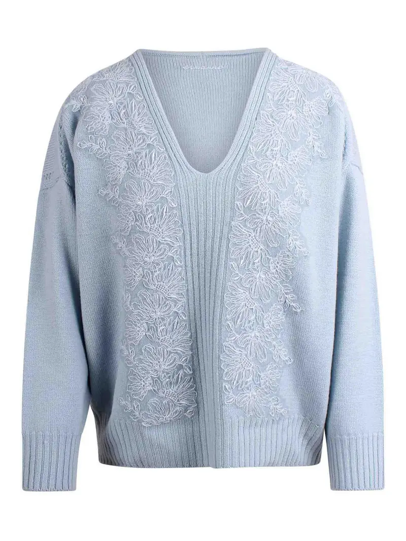 Maglione Scollo A V Con Costine E Ricamo Blu