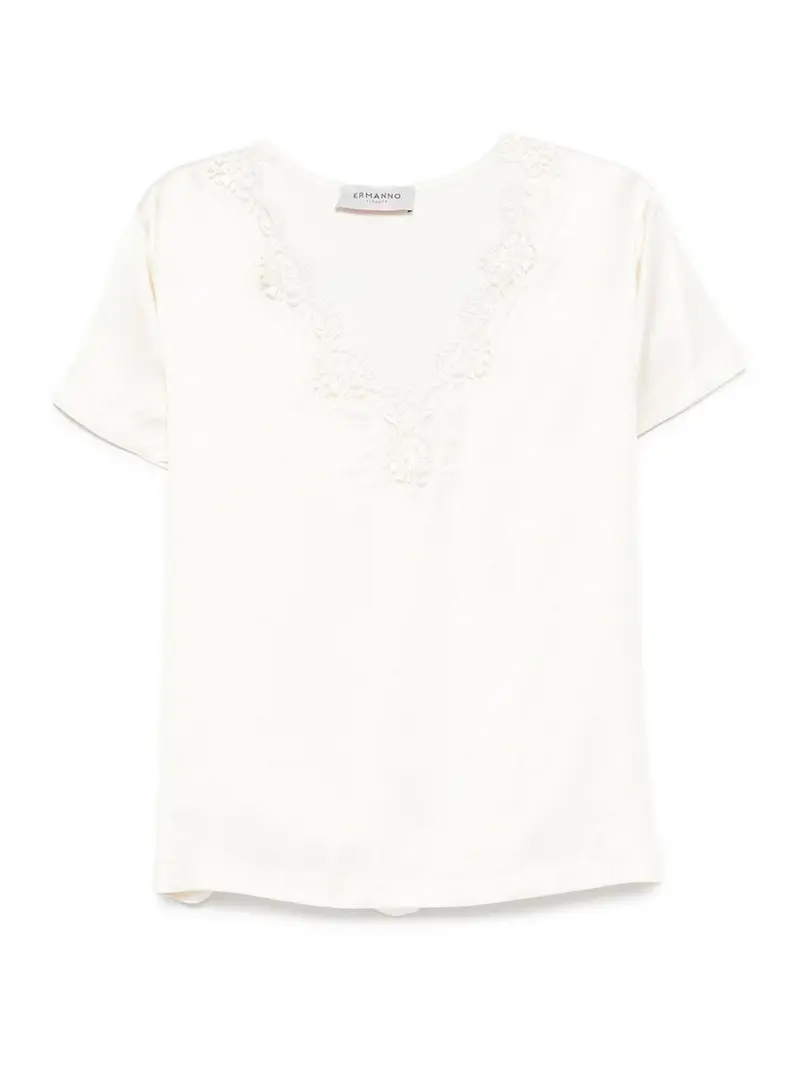 T-shirt con scollo a V ricamata Beige